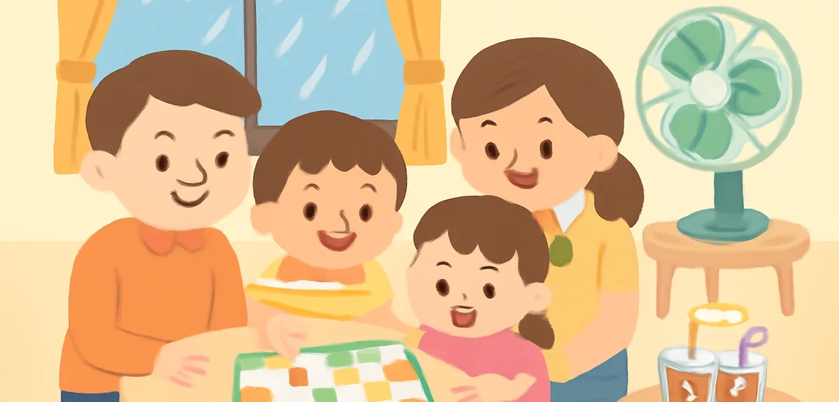 Illustration showing a family of four playing a board game indoors while summer rain falls outside t