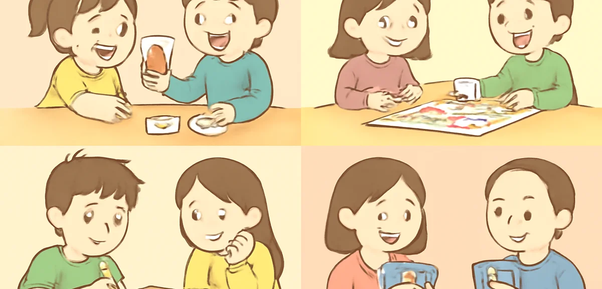 Illustration of four age groups enjoying different board games, split into four soft panels, young c