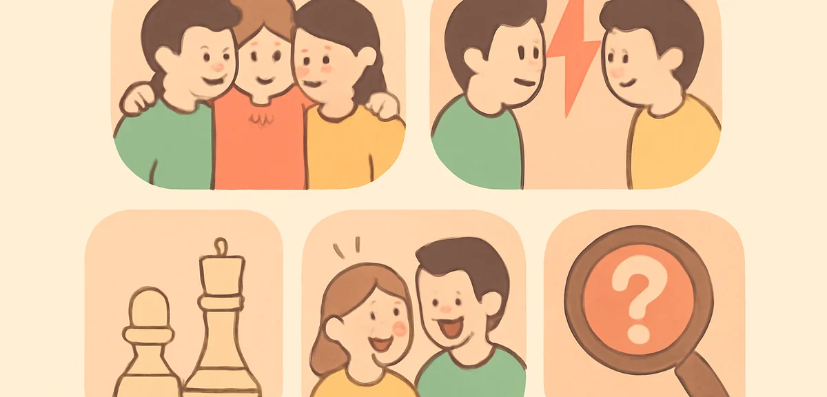 Illustration of different board game genres shown as icons on a soft background, cooperative team hu