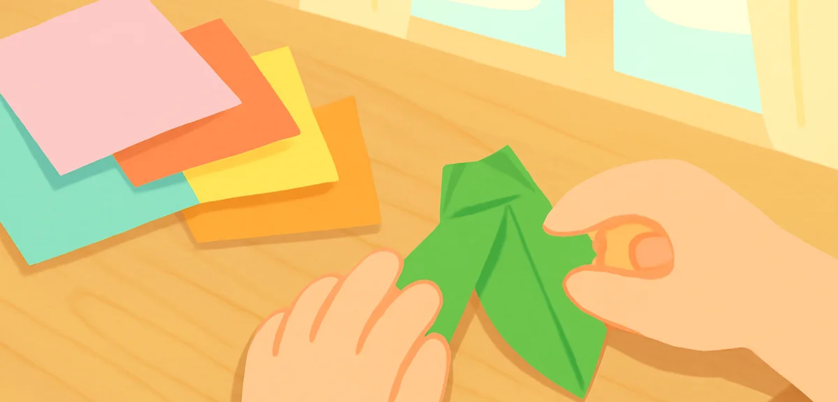 Close-up of small hands folding a green origami cicada on a wooden table, colorful origami sheets sc