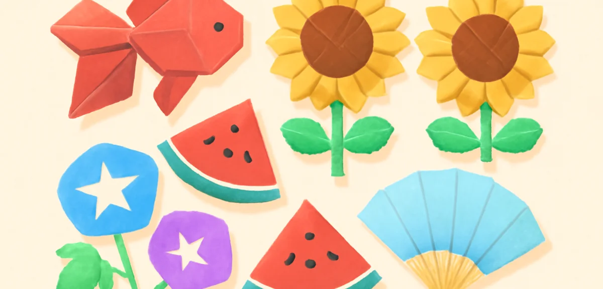 A collection of summer themed origami arranged in a display: red goldfish, orange sunflowers, stripe