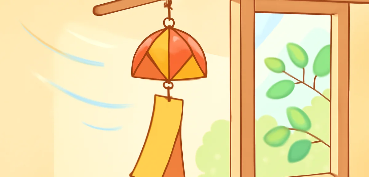 A traditional Japanese wind chime made from folded paper hanging from a wooden frame near an open wi