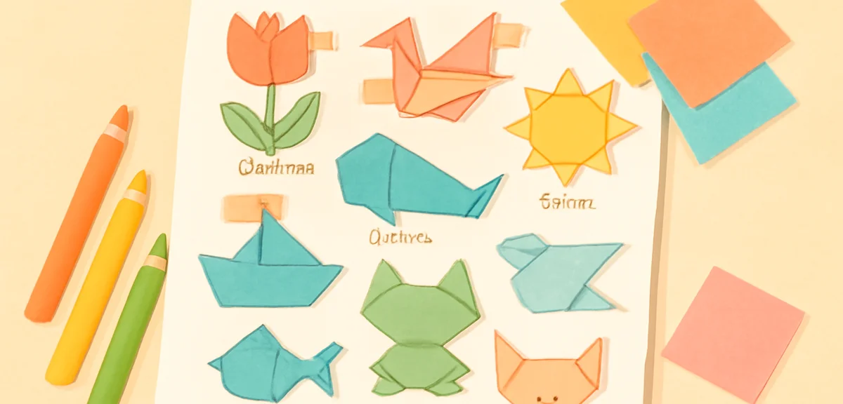 Notebook style summer free research page featuring an origami motif catalog, hand drawn labels and s