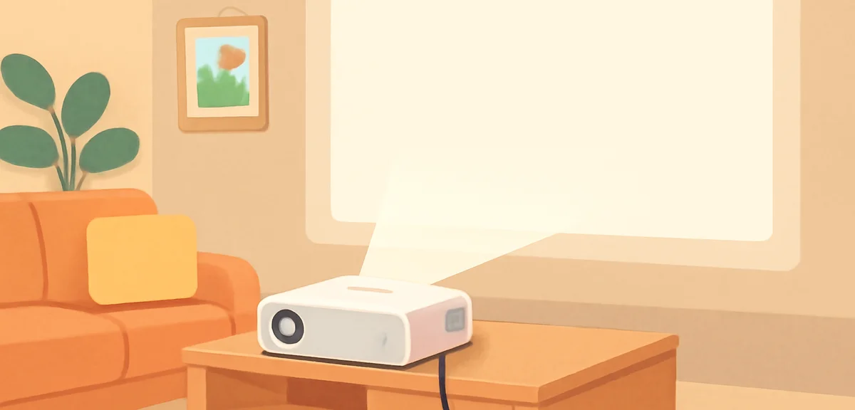 A modern short-throw home projector on a low console projecting onto a large white screen in a famil