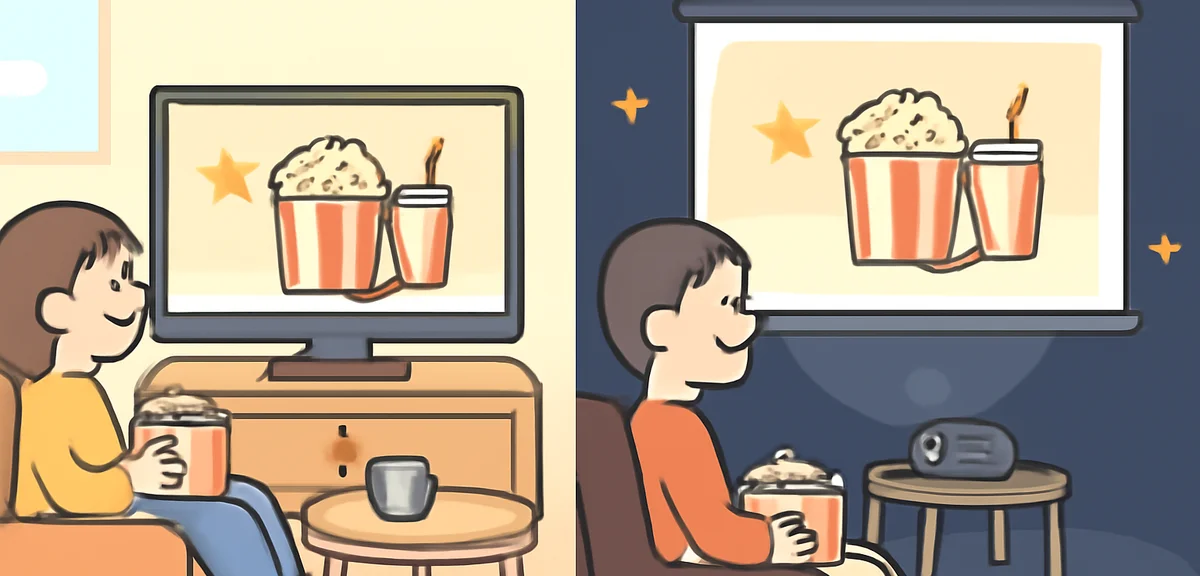 Side-by-side comparison scene: on the left a large flat-screen TV in a bright living room, on the ri