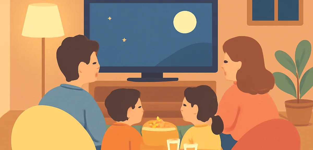 A family of four (parents and two children) sitting on beanbags and cushions on the floor watching a