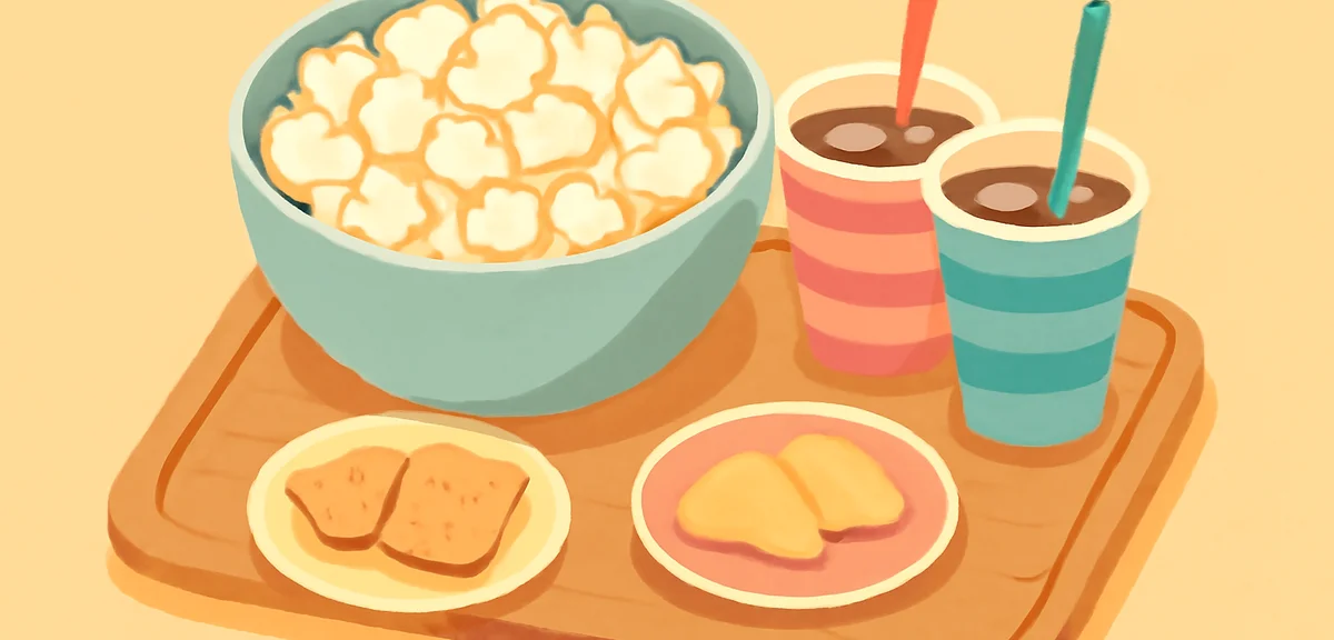 A close-up of a homemade popcorn bowl, colorful paper cups with cold drinks, and small snack plates
