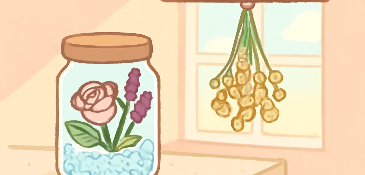 A flat illustration of a small glass jar filled with silica gel crystals and drying rose and lavende