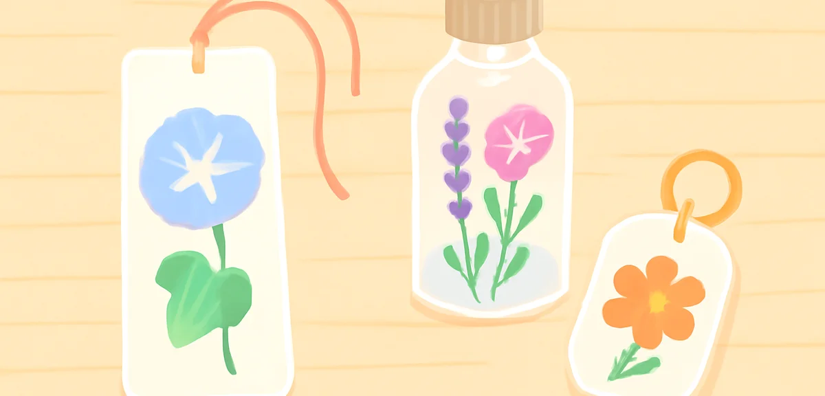 A flat illustration of finished craft projects made from pressed flowers and dried flowers: a bookma
