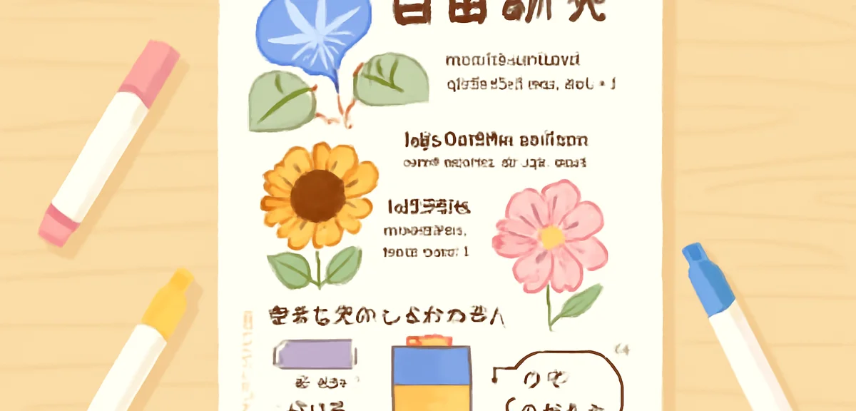 A flat illustration of a Japanese elementary school student's free-research poster on white paper. I
