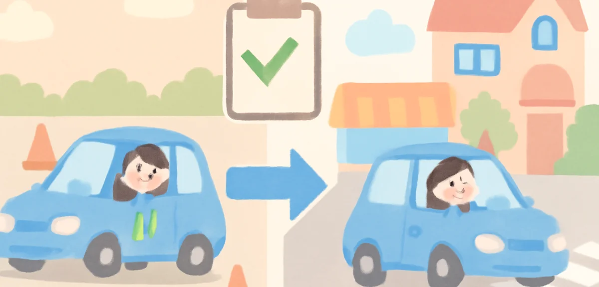 A flat illustration diagram of the two stages of Japanese driving school training. Left side shows a