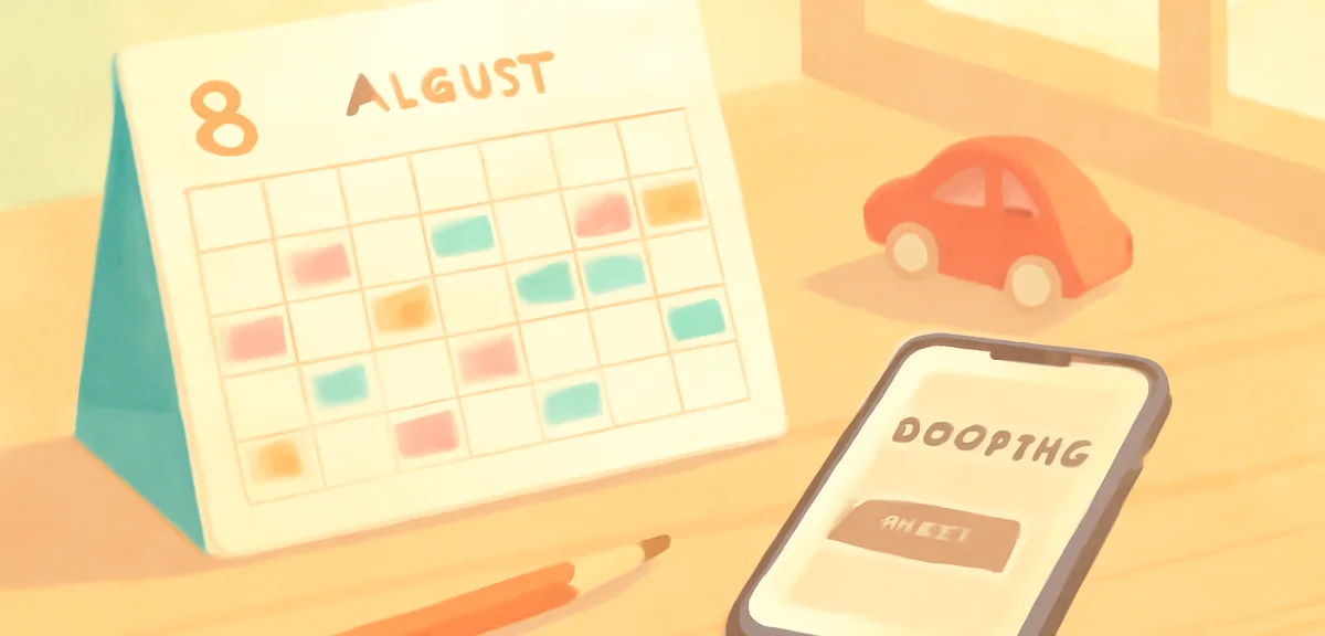 A flat illustration of a desk with an open monthly calendar for August, colored sticker markers on m