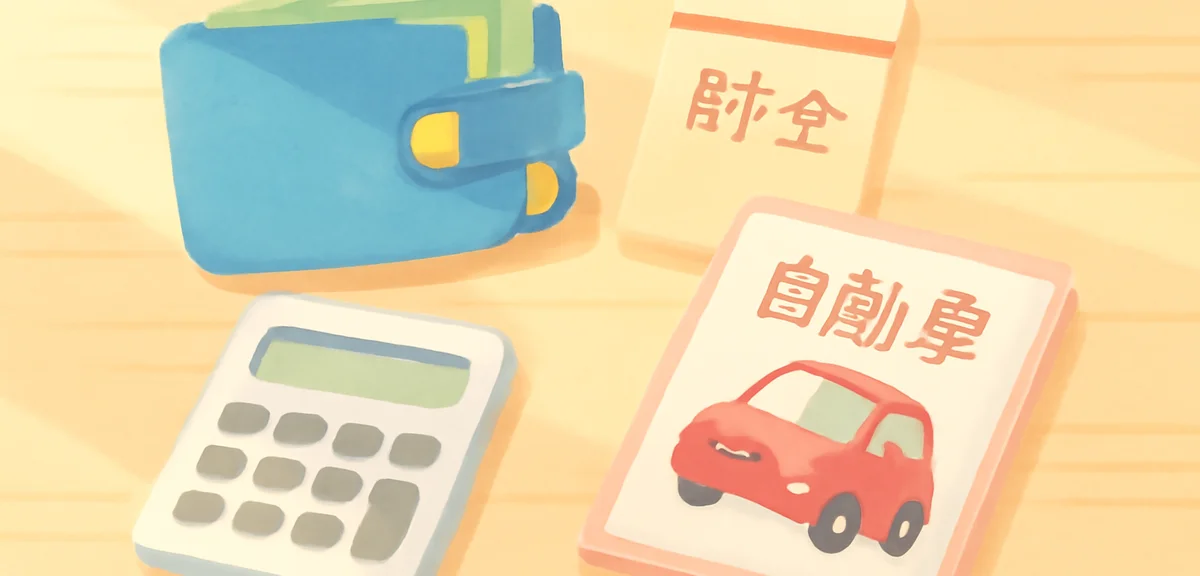 A flat illustration of a Japanese student's desk showing a wallet with banknotes, a small savings en