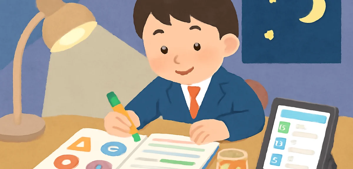 A flat illustration of a Japanese high school student studying traffic rules at a desk at night. An