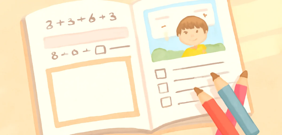 A flat illustration of an open Japanese homework booklet showing varied page types side by side: a s
