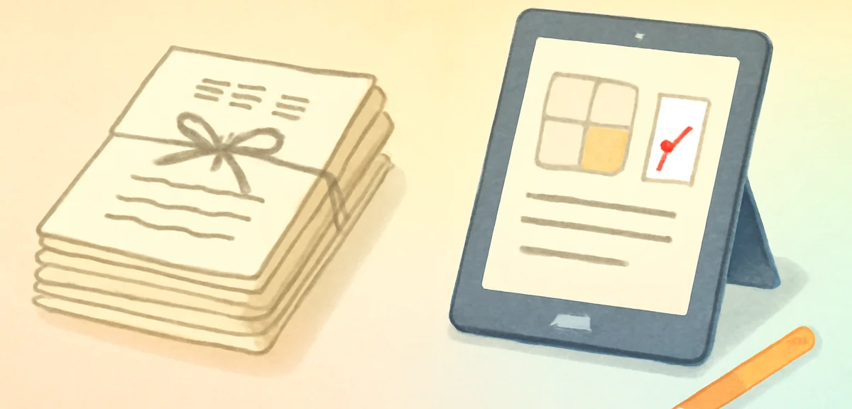 A flat illustration contrasting old and new summer homework: on the left a stack of well-worn paper