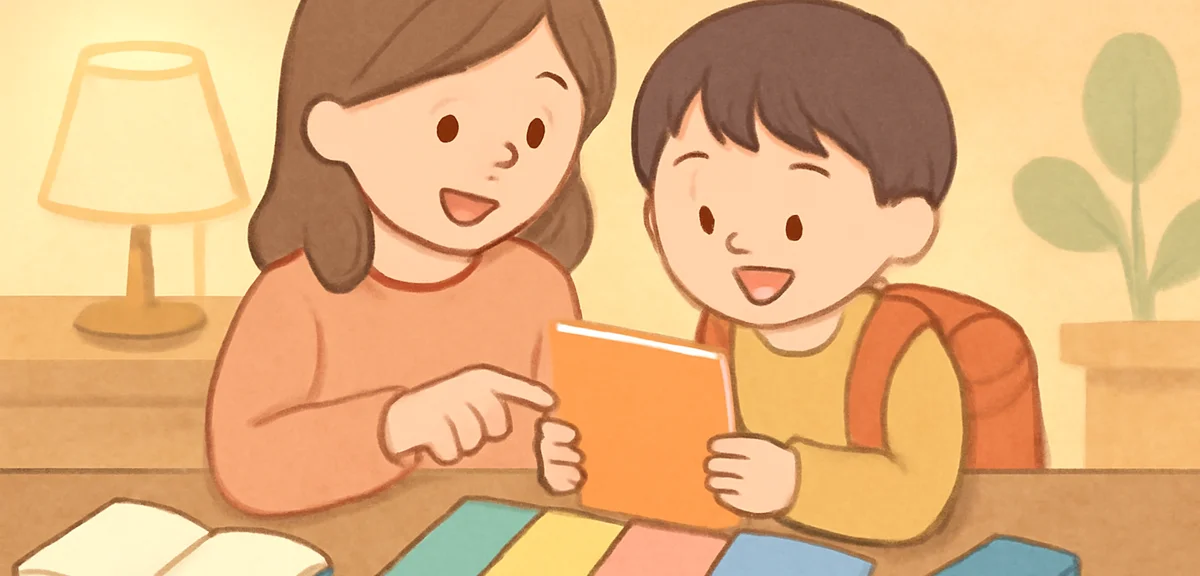 A flat illustration of a Japanese parent and elementary school child choosing a study workbook toget