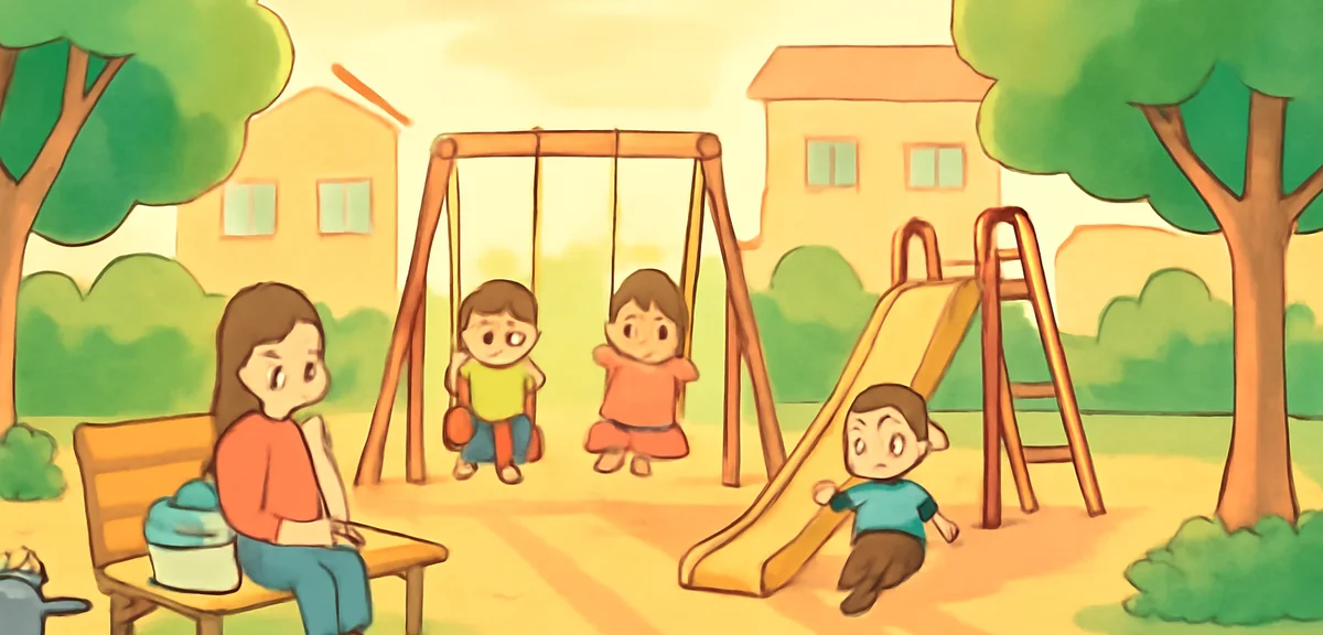 A flat illustration of a Japanese neighborhood park in the late afternoon. Long golden shadows, chil