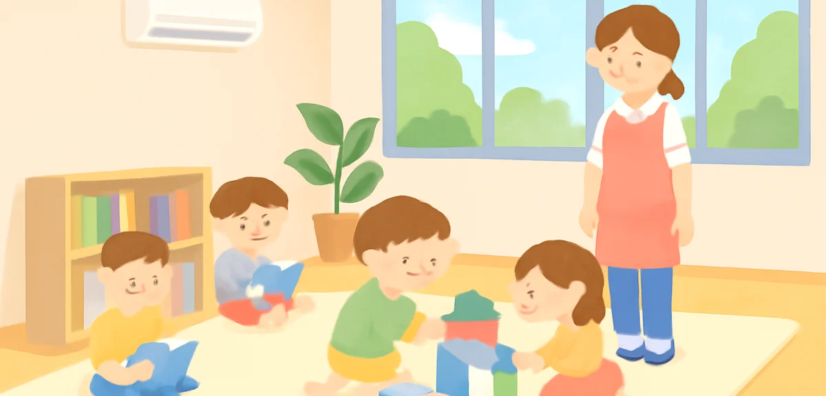 A flat illustration of a bright indoor children's community center playroom. Children reading pictur