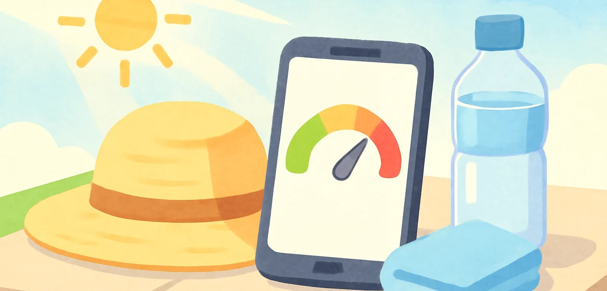A flat illustration of a smartphone screen showing a simple heat-index gauge with a colored arc from