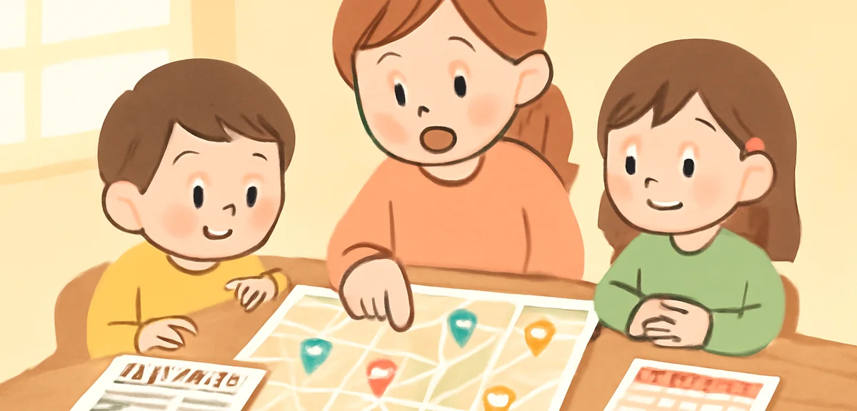 A flat illustration of a Japanese parent and two children of different ages looking at a paper neigh